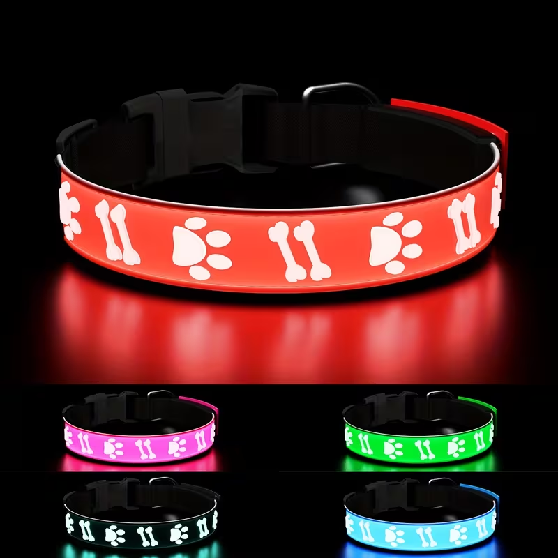 LED Dog Collar USB Rechargeable – 15 Light Modes Adjustable Glow Safety Collar for Nighttime Walks, Soft 3D Flash Pattern Pet Collar, XS–L, Blue, Pink, Red, Black, Green