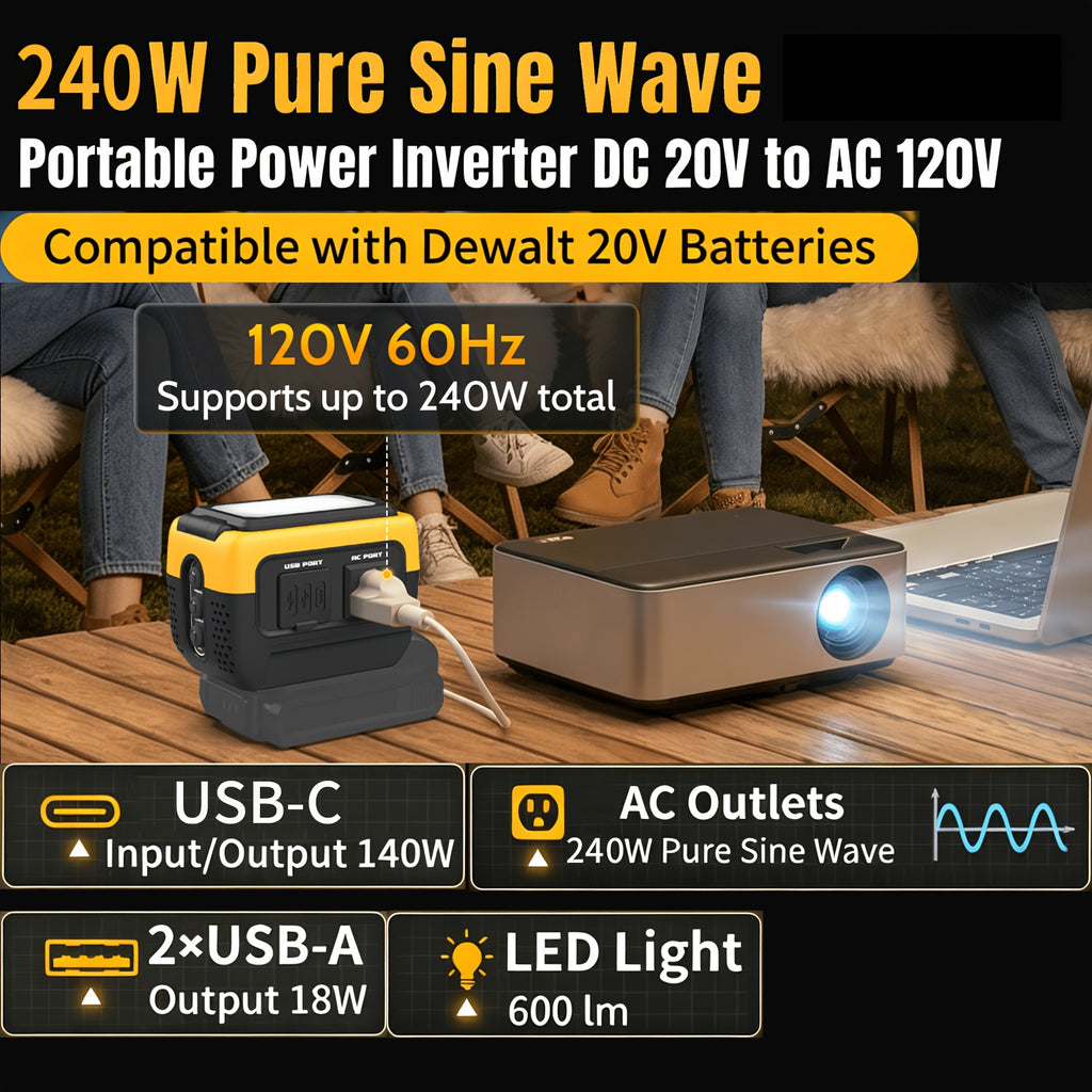 240W Power Inverter Pure Sine Wave, Compatible with De-Walt 20V Battery, Power Inverter Adapter, USB-C 140W Fast Battery Bidirectional Charger, 120V AC Outlets, 2 QC USB Ports(18W), 600LM LED, Summer Outdoor Camping Essentials(No Battery)