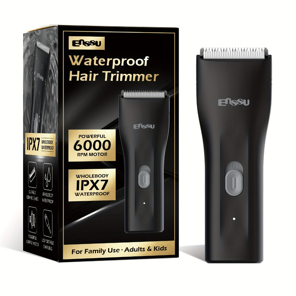 Manscaping Trimmer for Men IPX7 Waterproof Ceramic Blade Electric Groin & Pubic Body Hair Shaver – LCD Battery Display Replaceable Head Safe Grooming Tool, Black Blue White