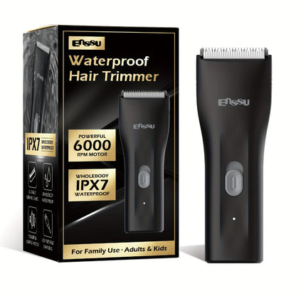Manscaping Trimmer for Men IPX7 Waterproof Ceramic Blade Electric Groin & Pubic Body Hair Shaver – LCD Battery Display Replaceable Head Safe Grooming Tool, Black Blue White