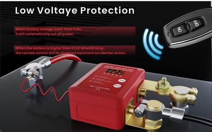 Car Battery Auto Power Off Switch with LED Voltage Display - 12V/24V Anti-Drain Protection, Low Voltage Alarm, 240A Remote Control Battery Disconnect