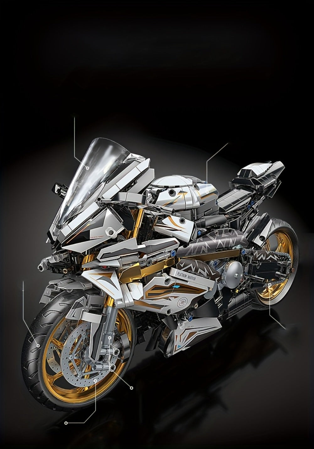 Motorcycle Building Blocks Model Kit 1:5 Scale 2000+ Pieces – Platinum Gold & White Collectible Brick Motorbike Display Set, Unique Gift for Men Adults Collectors Birthday Christmas (Premium Edition)