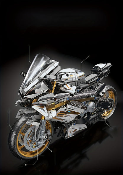 Motorcycle Building Blocks Model Kit 1:5 Scale 2000+ Pieces – Platinum Gold & White Collectible Brick Motorbike Display Set, Unique Gift for Men Adults Collectors Birthday Christmas (Premium Edition)