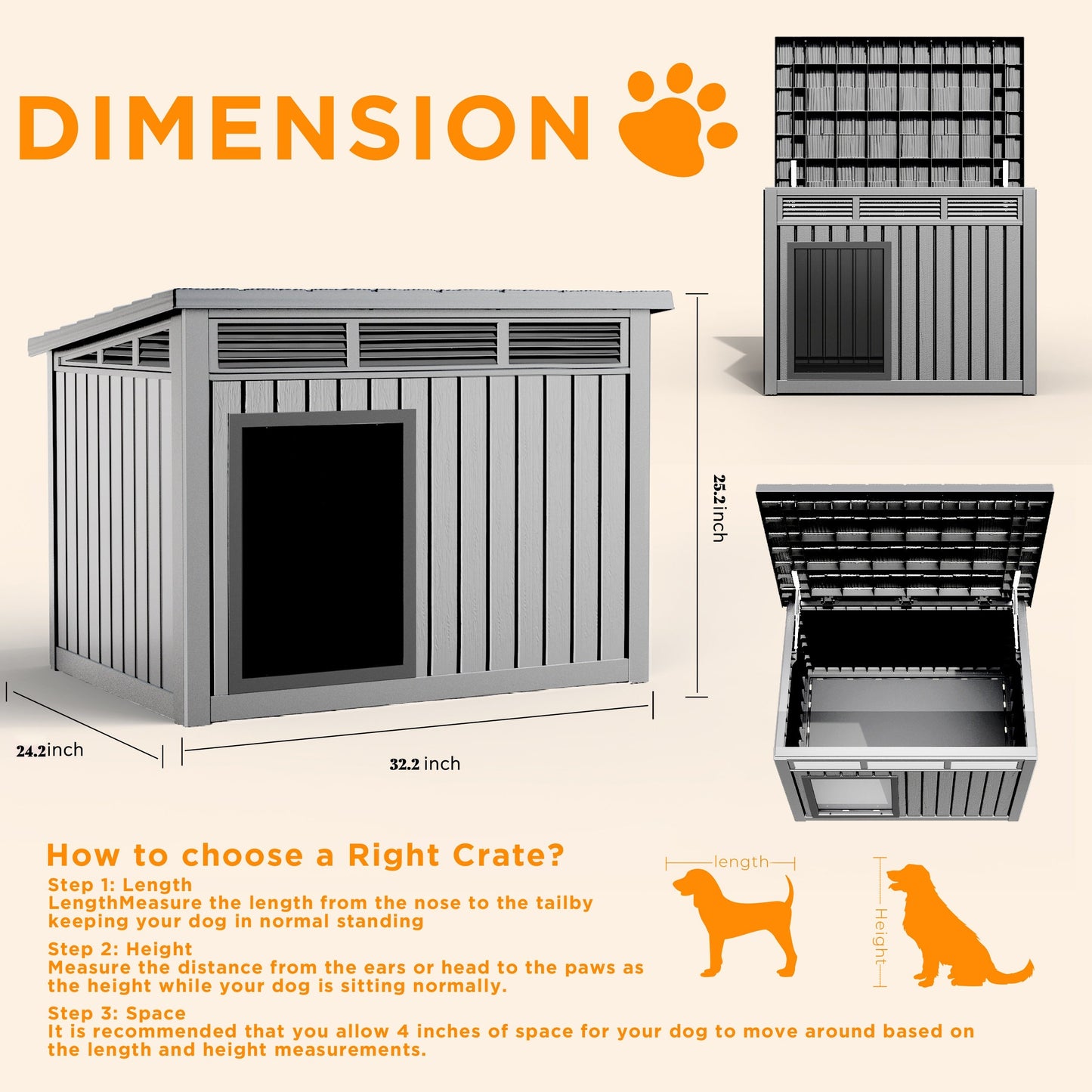 Outdoor Dog House Resin Kennel – All-Weather Slant Roof Dog Villa with Gas-Lift Ventilated Canopy, UV & Stormproof, Removable Top, Indoor Outdoor Shelter for Large Dogs & Multi-Pet Households