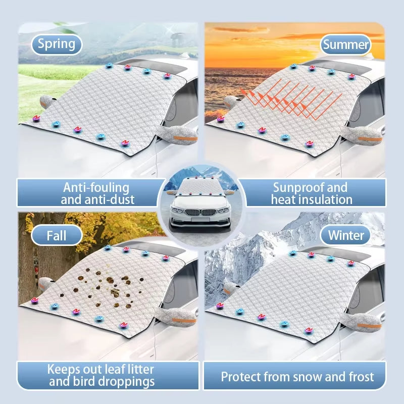 Heavy-Duty Magnetic Car Windshield Snow Cover with Quick Snow Removal, Fit for Cars/Suvs, All-Weather Oxford Cloth Winter Protector, Scratch-Resistant Glass And Rearview Mirror Strips, Full-Coverage Snow Shield (No-Scratch)