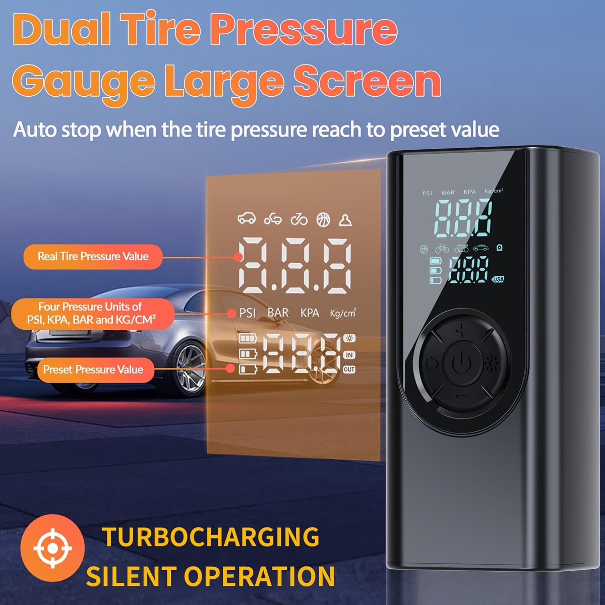 Portable Tire Inflator Pump with Digital Pressure Gauge - USB Rechargeable Air Compressor for Cars, Motorcycles, SUVs, Bikes, And Sports Balls - Large Capacity Battery Battery, LED Light, And USB Charging