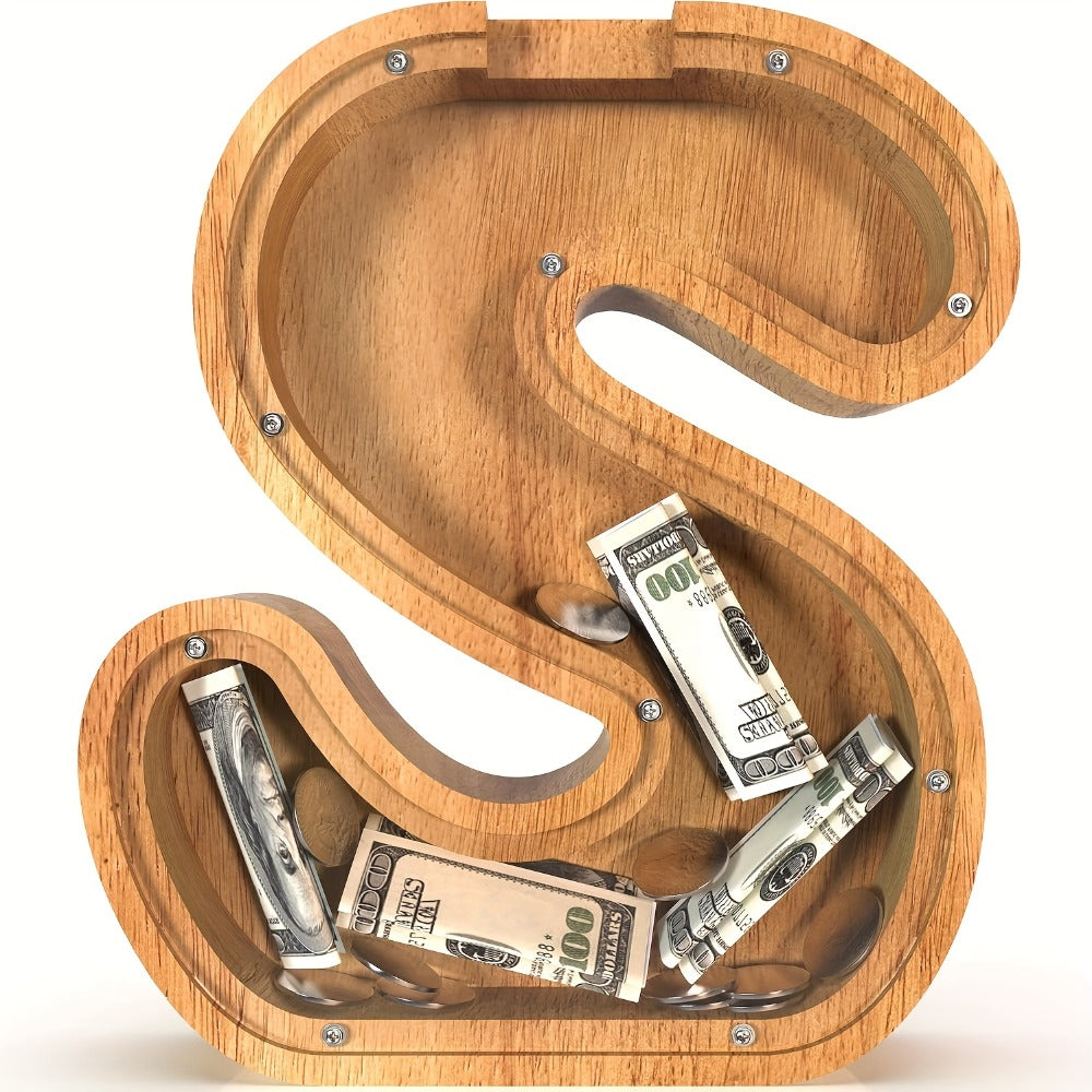 Wooden Letter Penny Bank – Alphabet Coin Bank Savings Box for Kids & Adults, Personalized Money Bank Birthday Gift, A to Z Initial Letter Bank