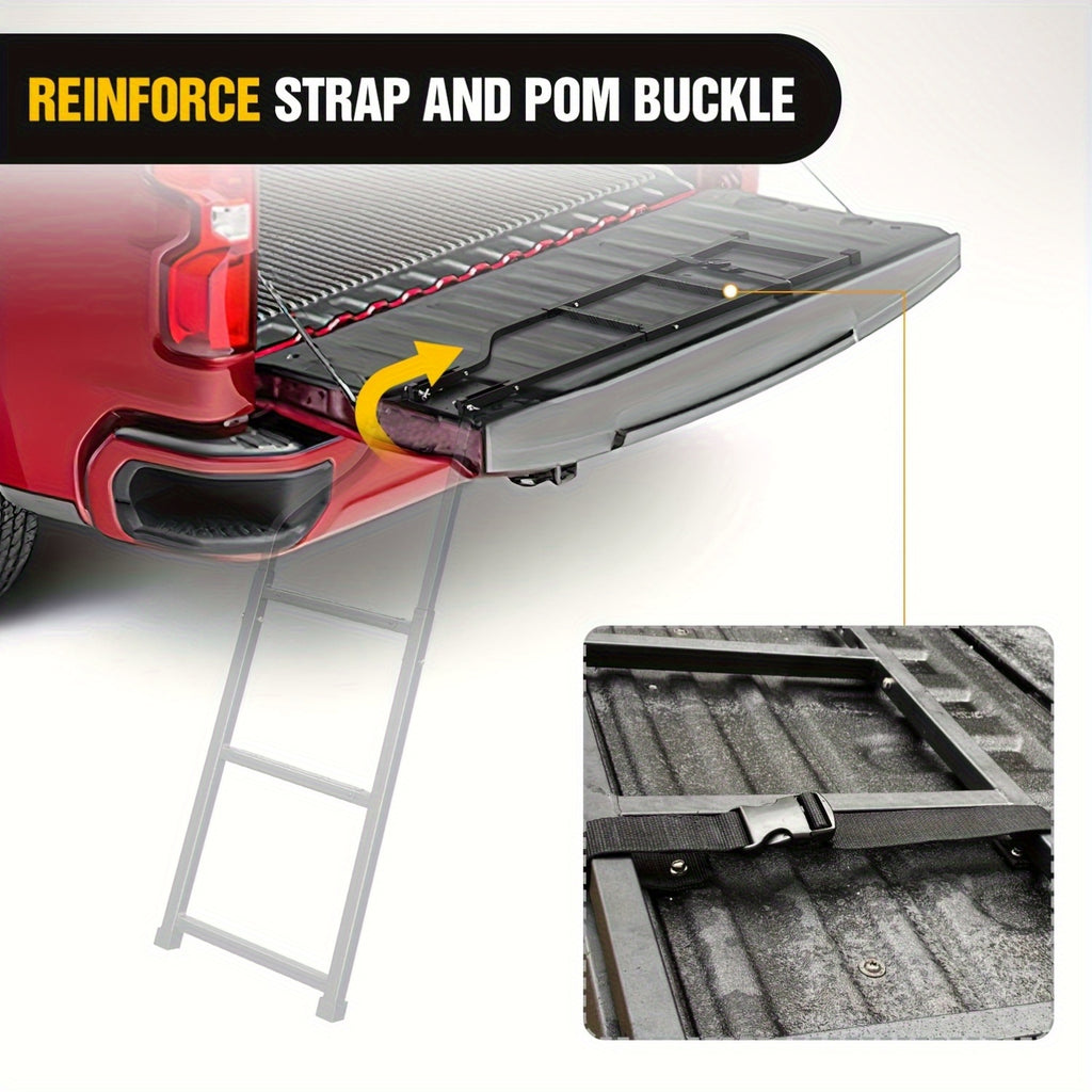 Universal Foldable Truck Tailgate Ladder For Pickup With Aluminum Step Grip Plates, Replaceable Rubber Ladder Feet & Stainless Steel Self Drilling Hex Screws For Easy Installation