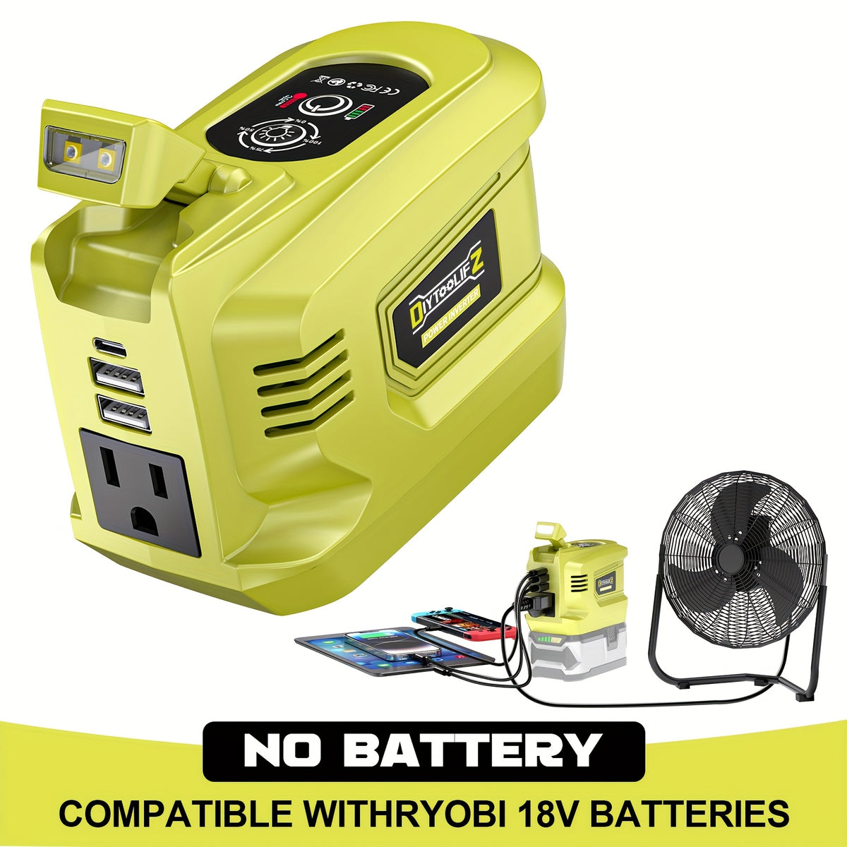 Diytoolifz Power Inverter Compatible with Ryobi 18V Battery, 200W Portable Power Supply Inverter Convert DC 18V to AC 110V-120V Battery Power Station with 2 USB And AC Battery Powered Outlet (Without Battery)