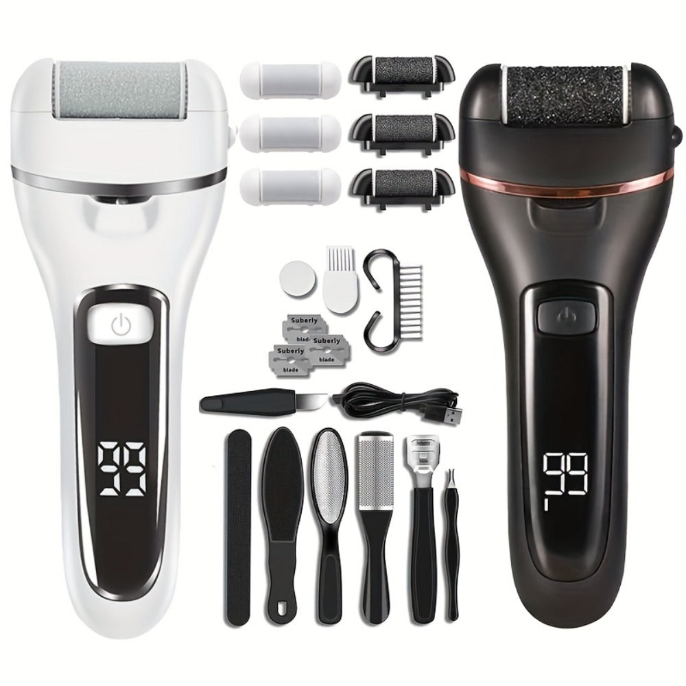 Electric Pedicure Foot File 10-in-1 Kit – Rechargeable with Digital Display, 3 Roller Heads, Dead Skin & Hard Skin Remover for Men & Women