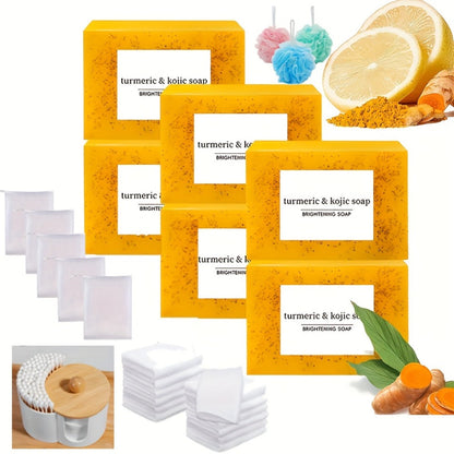 Turmeric Kojic Acid Brightening Soap Handmade Lemon Cold Process Deep Cleansing Hydrating Bar for Face & Body All Skin Types – Bundle Sets with Liquid Soap & Face Wash, Skincare Gift for Women