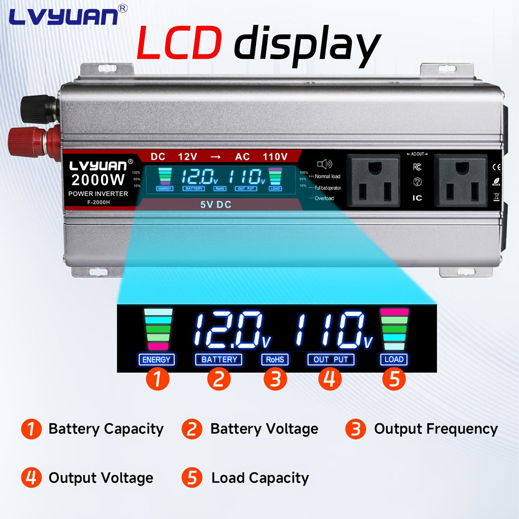 LVYUAN Car Power Inverter 2000W(Peak)1000W 12V to 110V DC to AC with 4 US Sockets, LCD Display, USB Ports for Car, Home, Outdoor, Camping Red
