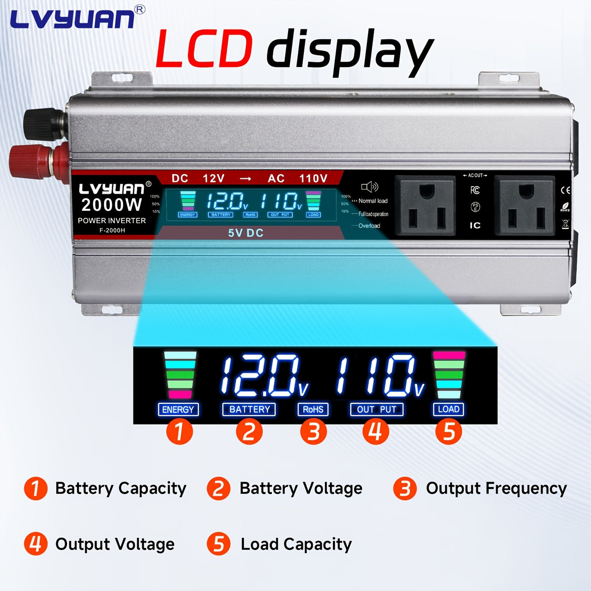 LVYUAN Car Power Inverter 2000W(Peak)1000W 12V to 110V DC to AC with 4 US Sockets, LCD Display, USB Ports for Car, Home, Outdoor, Camping Red
