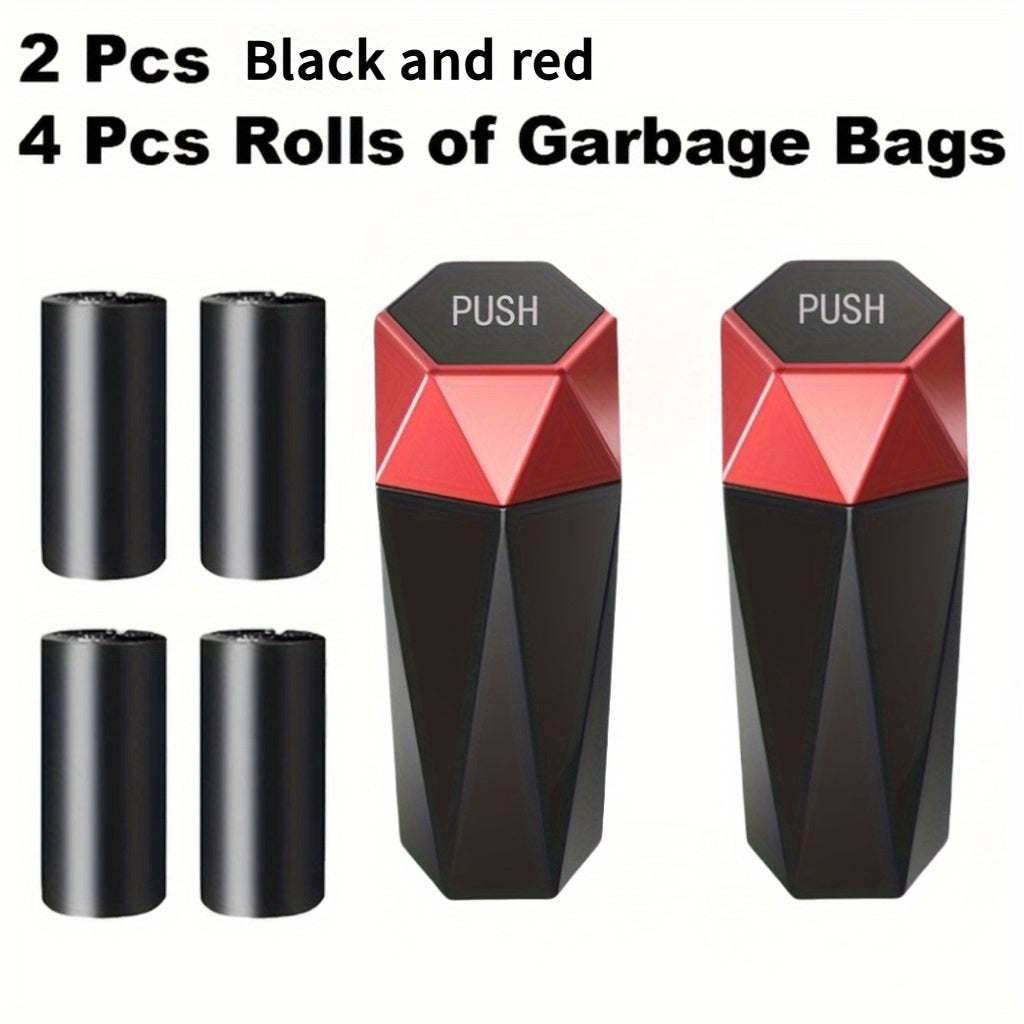 Car Trash Can with Trash Bags – Mini Diamond Design Car Bin Set, 2 Cans + 60 Bags (4 Rolls), One-Button Lid, Fits Cars Trucks SUVs – Car Interior Organizer