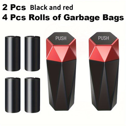 Car Trash Can with Trash Bags – Mini Diamond Design Car Bin Set, 2 Cans + 60 Bags (4 Rolls), One-Button Lid, Fits Cars Trucks SUVs – Car Interior Organizer