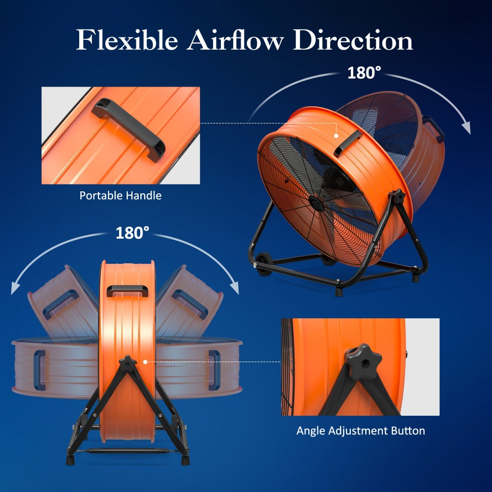 Industrial Drum Fan 24 & 30 Inch | High Velocity Floor Fan 9460-14000 CFM, 3-Speed Air Circulator with 180° Tilt for Warehouse, Garage, Workshop, Job Site & Large Space Cooling – Multiple Colors