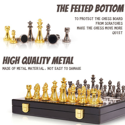 Luxury Metal Chess Set with Marble Board – Zinc Alloy Gunmetal & Gold Pieces Extra Queens 11.5" Elegant Chessboard Gift for Adults Beginners Home Office Decor