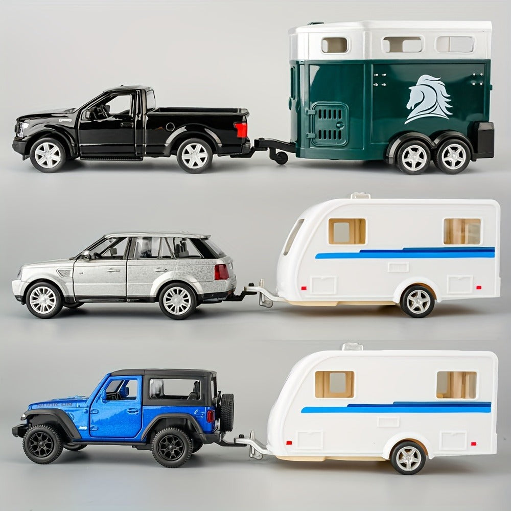 RMZCity 1:36 Scale Zinc Alloy Pull Back Car with Horse Trailer & Horse Vehicle – Openable Doors Diecast Toy Set for Kids & Adults, Birthday Christmas Gift (4 Models)