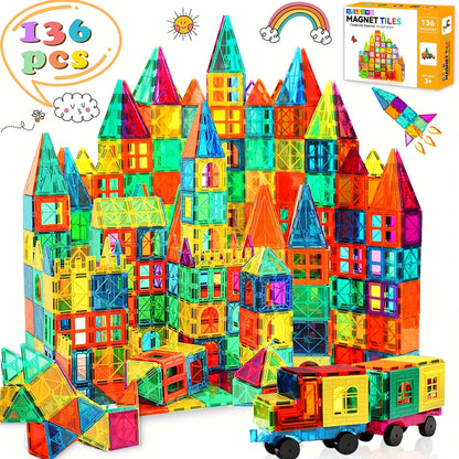 Magnetic Tiles for Kids 106/136pcs with 2 Toy Cars – STEM Approved Educational Magnet Building Blocks Set Stacking Puzzle Toy for Boys & Girls Ages 3+, Best Birthday Christmas Holiday Gift