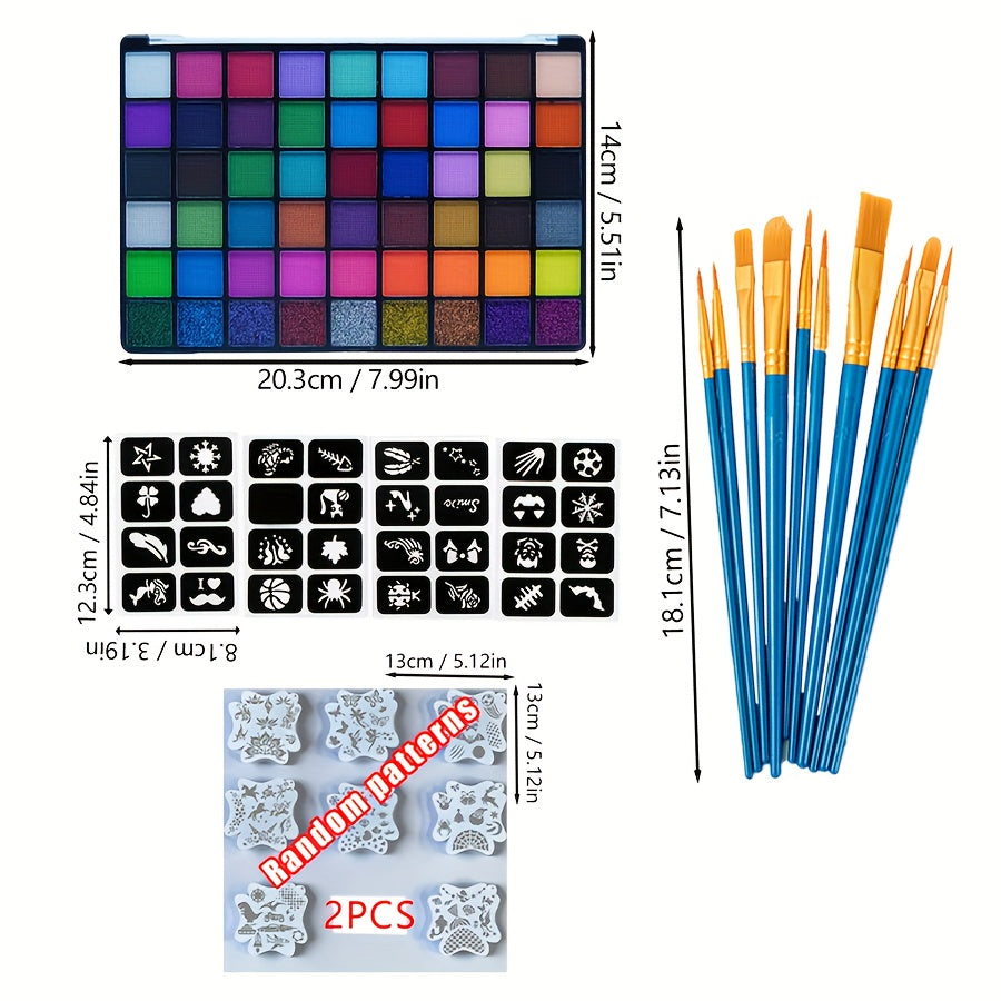 54 Color Face & Body Paint Kit with UV Fluorescent, Matte & Glitter Shades — Pattern Templates, Brushes & Tattoo Stickers for Sports, Cheerleading, Halloween, Festivals & Parties