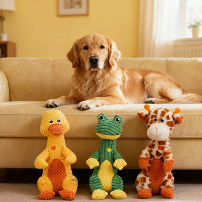 Squeaky Plush Dog Toy with Animal Print - Durable Cartoon Chew Toy for Aggressive Chewers, Interactive Tug of War Toy for All Breeds, Cute Deer & Frog Design Squeaky Dog Gift