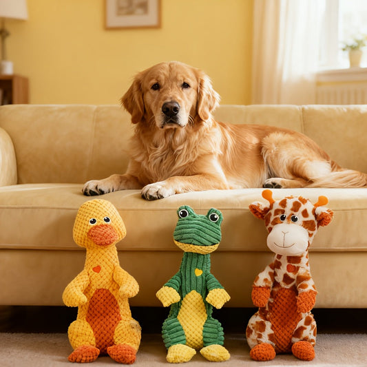 Squeaky Plush Dog Toy with Animal Print - Durable Cartoon Chew Toy for Aggressive Chewers, Interactive Tug of War Toy for All Breeds, Cute Deer & Frog Design Squeaky Dog Gift