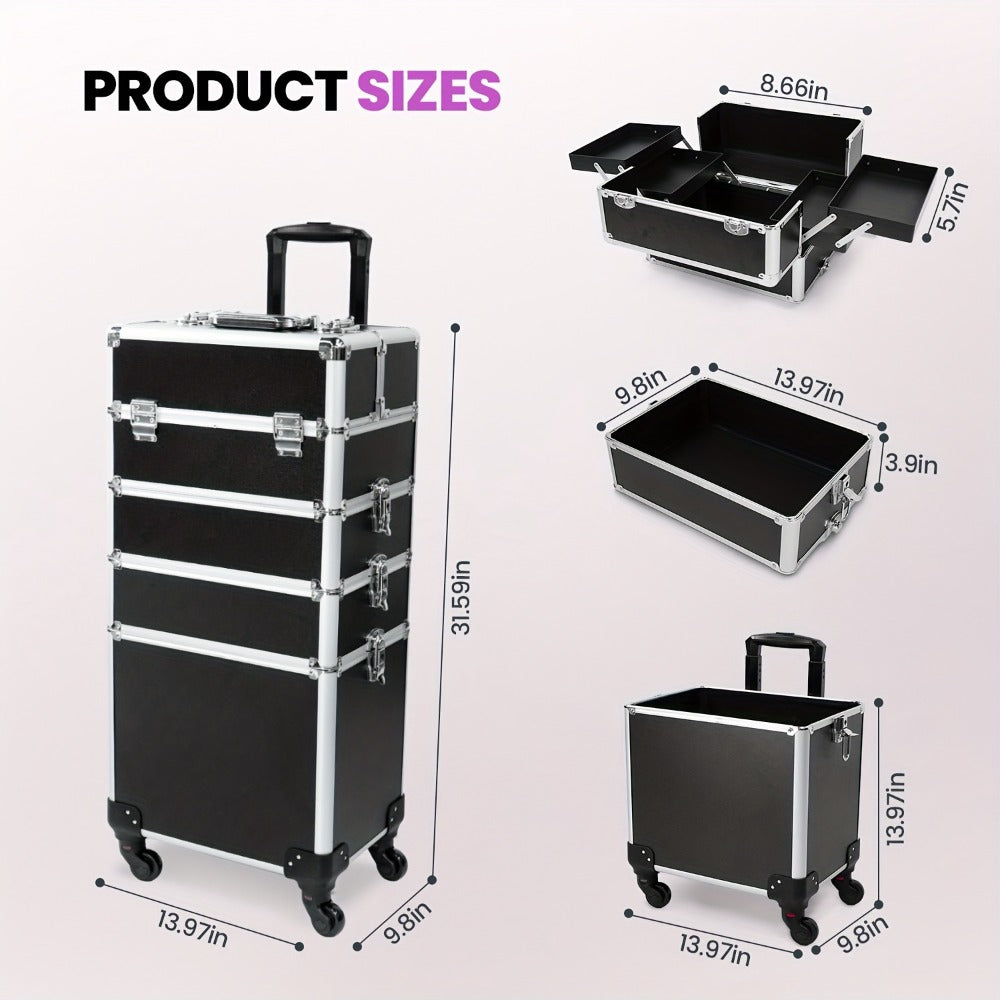 Rolling Makeup Train Case 4-in-1 Black Cosmetic Trolley with 360° Swivel Wheels & Makeup Sponges Set — Large Professional Salon Travel Beauty Organizer