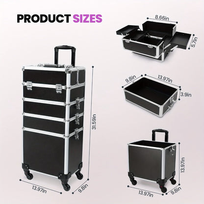 Rolling Makeup Train Case 4-in-1 Black Cosmetic Trolley with 360° Swivel Wheels & Makeup Sponges Set — Large Professional Salon Travel Beauty Organizer