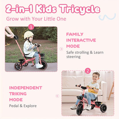 Push Handle Tricycle for Toddlers Girls Pink – 3 Wheel Trike Ages 18-60 Months with Padded Backrest, Safety Belt, Adjustable Seat | Best Birthday Gift for Kids 1 2 3 4 5 Year Old