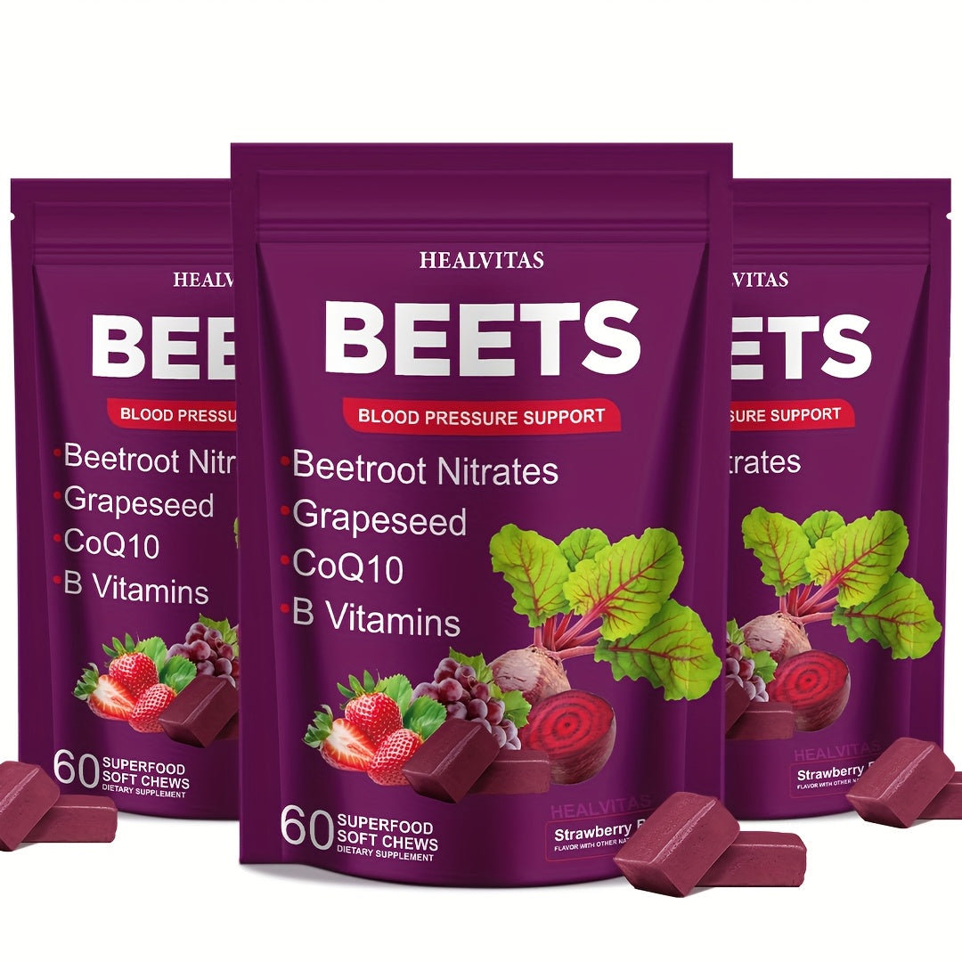 Beet Root Gummies for Blood Pressure & Heart Health with CoQ10 Vitamin B12 B6 Grapeseed Extract — Chewable SuperBeets Blood Flow Booster Nitric Oxide Supplement for Men Women 1 2 3 Pack