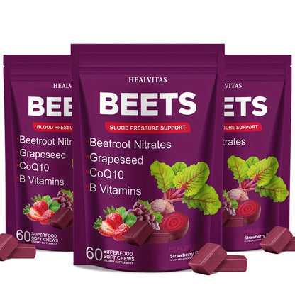 Beet Root Gummies for Blood Pressure & Heart Health with CoQ10 Vitamin B12 B6 Grapeseed Extract — Chewable SuperBeets Blood Flow Booster Nitric Oxide Supplement for Men Women 1 2 3 Pack