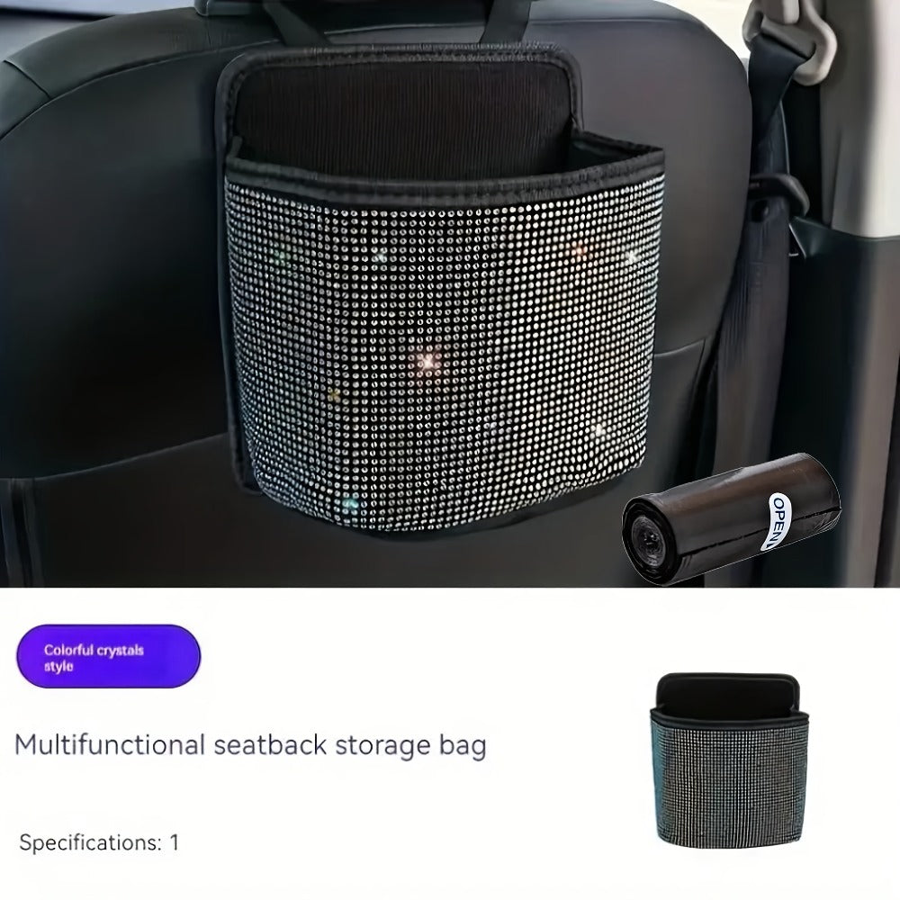 Bling Rhinestone Car Trash Can with Trash Bag – Sparkling Crystal Hanging Seat Back Bin, Space-Saving Car Interior Organizer for Women & Girls