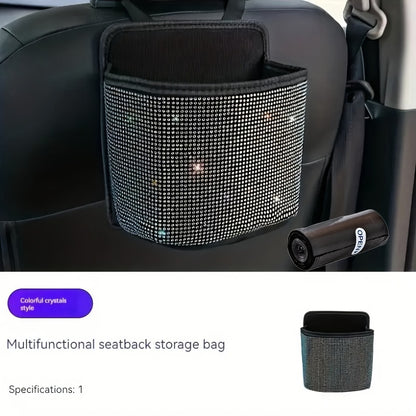 Bling Rhinestone Car Trash Can with Trash Bag – Sparkling Crystal Hanging Seat Back Bin, Space-Saving Car Interior Organizer for Women & Girls