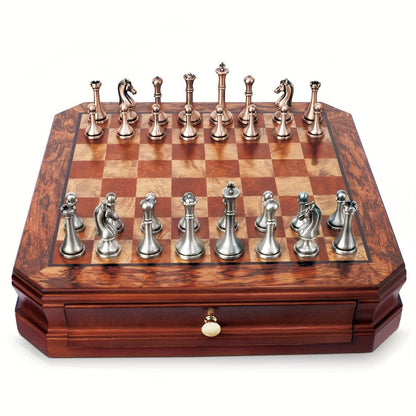Wooden Chess Set with Metal Pieces & Storage Drawers 12 Inch – 2.5" Kings 2 Extra Queens Vintage Mahogany Board for Adults Beginners, Premium Strategy Game Gift