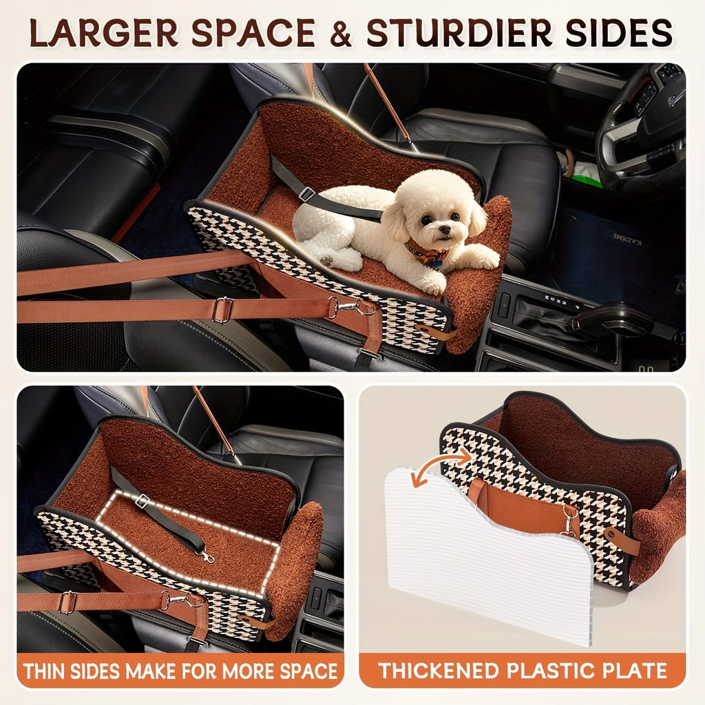 Comfortable Central Console Dog Car Seat, Portable Cozy Booster Car Seat, Deluxe Pet Car Seat for Dogs & Cats with Safety Harness, Breathable Mesh & Soft Padding - for Safe & Comfortable Trave