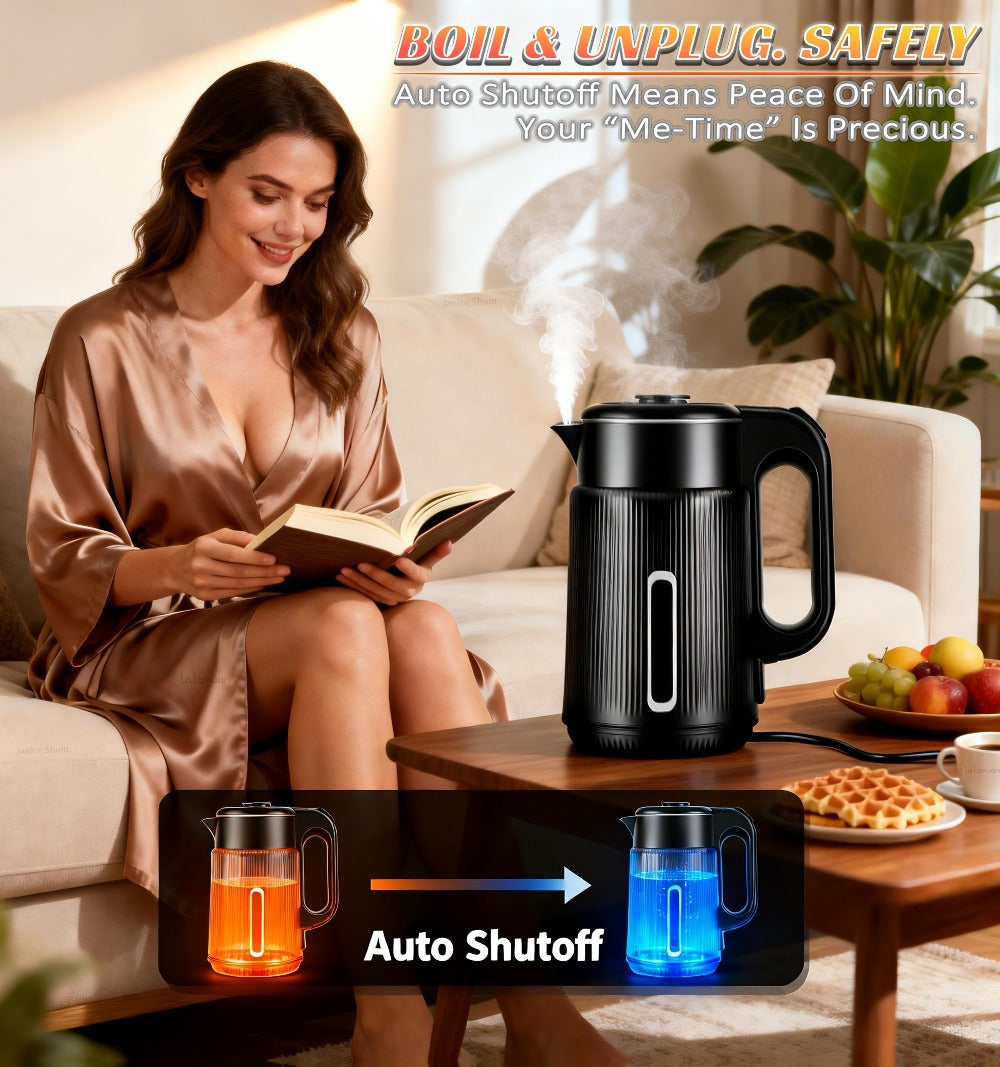 Electric Kettle 1000W Double Wall Stainless Steel – 57.48oz 304 SS Hot Water Kettle with 360° Rotary Base, LED Light, Auto Shut-Off & Boil-Dry Protection, Instant Water Warmer for Coffee & Tea – Black