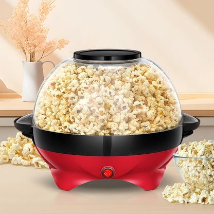 Popcorn Machine 800W Electric Stirring Popcorn Maker – 6-Quart Non-Stick Plate, Quick-Heat Technology, Cool-Touch Handles, 2-in-1 Lid & Bowl for Home Movie Night