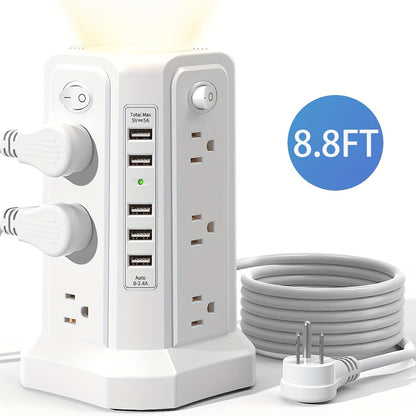 Surge Protector Power Strip Tower with 12 AC Outlets 5 USB Ports 8.8FT Extension Cord Night Light 4 Individual Switches Overload Protection for Home Office Desk Dorm Room