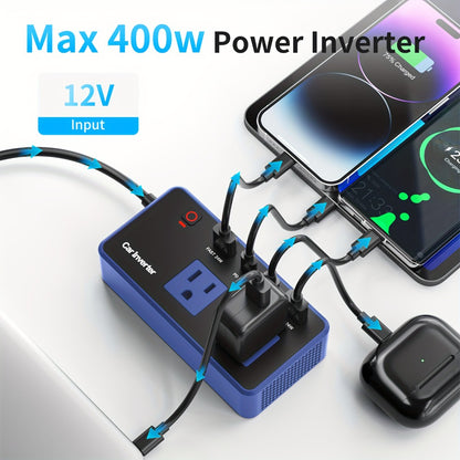 200W Car Power Inverter DC 12V to 110V AC Outlet + USB-C & USB-A 4.8A 24W, Car Plug Adapter Converter for Laptop Camping Travel Road Trip – Black / Blue