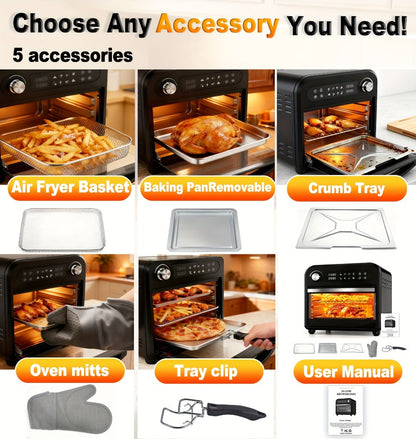 Air Fryer Toaster Oven Combo 15QT Extra Large, 360° Convection, LED Digital Display, Precise Temperature Control – Stainless Steel Interior, 5 Accessories, Healthy Low-Oil Cooking for Family Kitchen