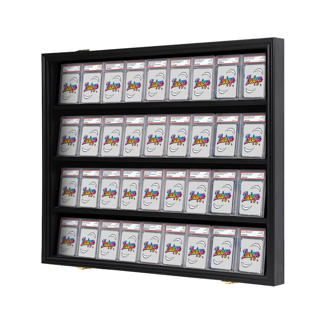 Sports Card Display Case 36 Slots Lockable Wall Frame – UV Protection Acrylic | Baseball Basketball Football Hockey Trading Cards | Black Cabinet Collector Gift