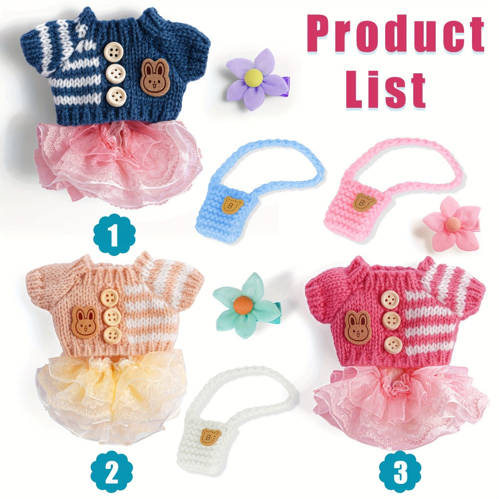 Labubu Doll Clothes 3 Sets Knit Tops Bubble Tulle Skirts Floral Hair Clips Bags for 17cm Plush Dolls Fashion Outfit Gift for Girls Kids Ages 3+ Birthday Christmas