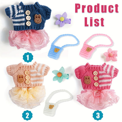 Labubu Doll Clothes 3 Sets Knit Tops Bubble Tulle Skirts Floral Hair Clips Bags for 17cm Plush Dolls Fashion Outfit Gift for Girls Kids Ages 3+ Birthday Christmas