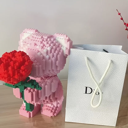 Rose Bear Building Blocks Set 4051 Pieces – Romantic Bear Holding Rose Brick Model Kit High-Difficulty Display Build, Unique Valentine's Day Anniversary Birthday Gift for Girlfriend Wife