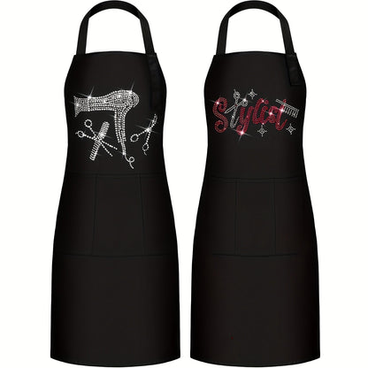 Rhinestone Barber Apron Set of 2 – Professional Hair Stylist Salon Smock 3 Pockets Hairdresser Apron Unisex Durable Barbershop Uniform for Women Men Gift for Barber