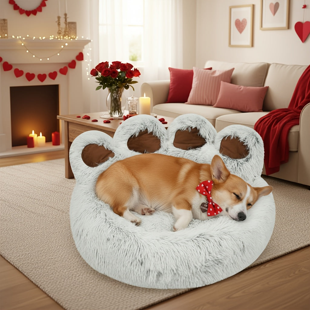 Dog Bed Cat Bed Bear Paw Shaped Donut – Calming Round Plush Pet Mattress, Warm & Soft Cuddler Bed for Dogs and Cats, Includes Pet Scarf, Sizes S to 2XL, Colors: Coffee, Pink, Grey, Brown