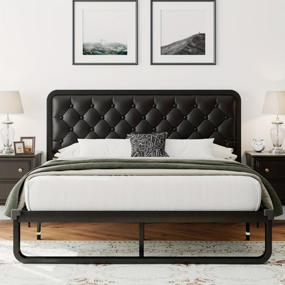 Bed Frame, Platform with Button-Tufted Headboard - Black Faux Leather or Dark Grey Linen shown in the main product view