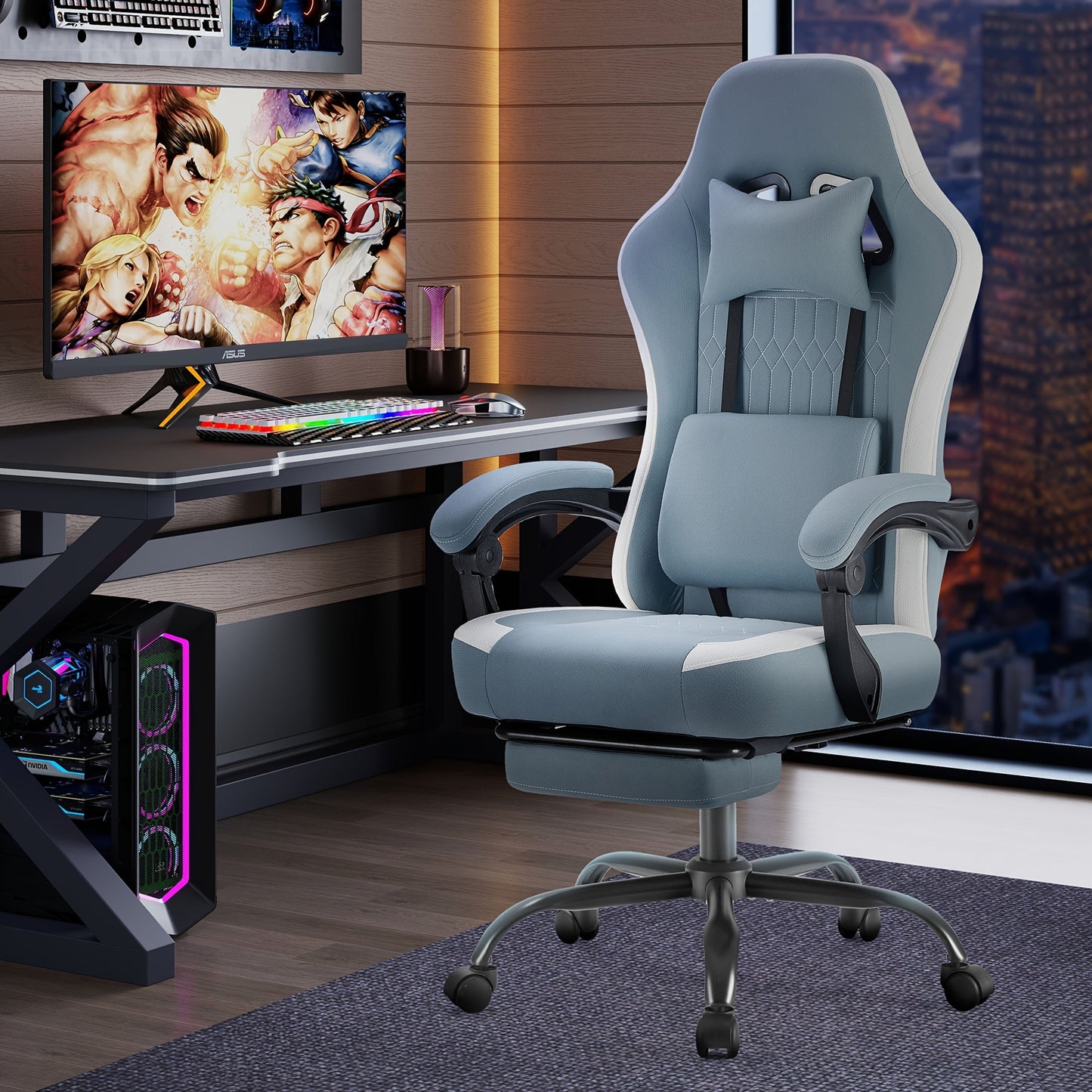 Gaming Chair shown in the New Blue, With Footrest option
