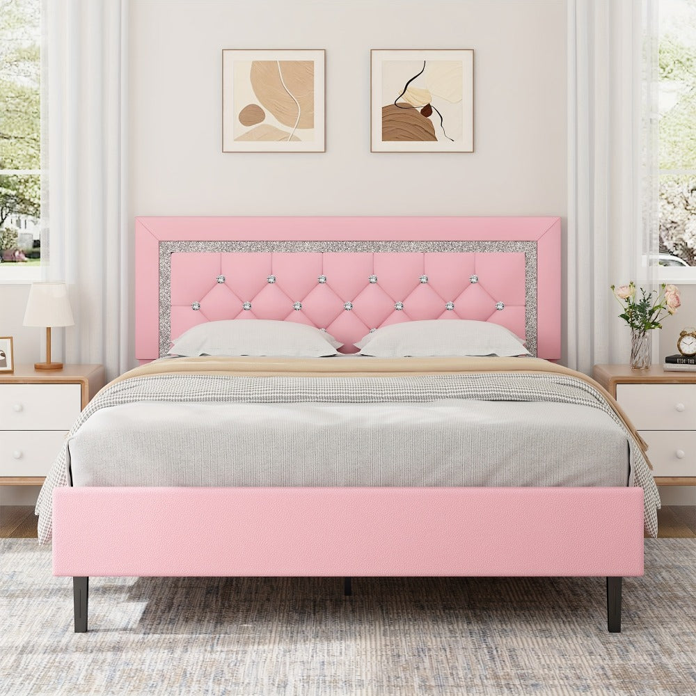 Bed Frame, Princess with Diamond Tufted Headboard Twin Full Queen Soft PU Leather Wood shown in the main product view