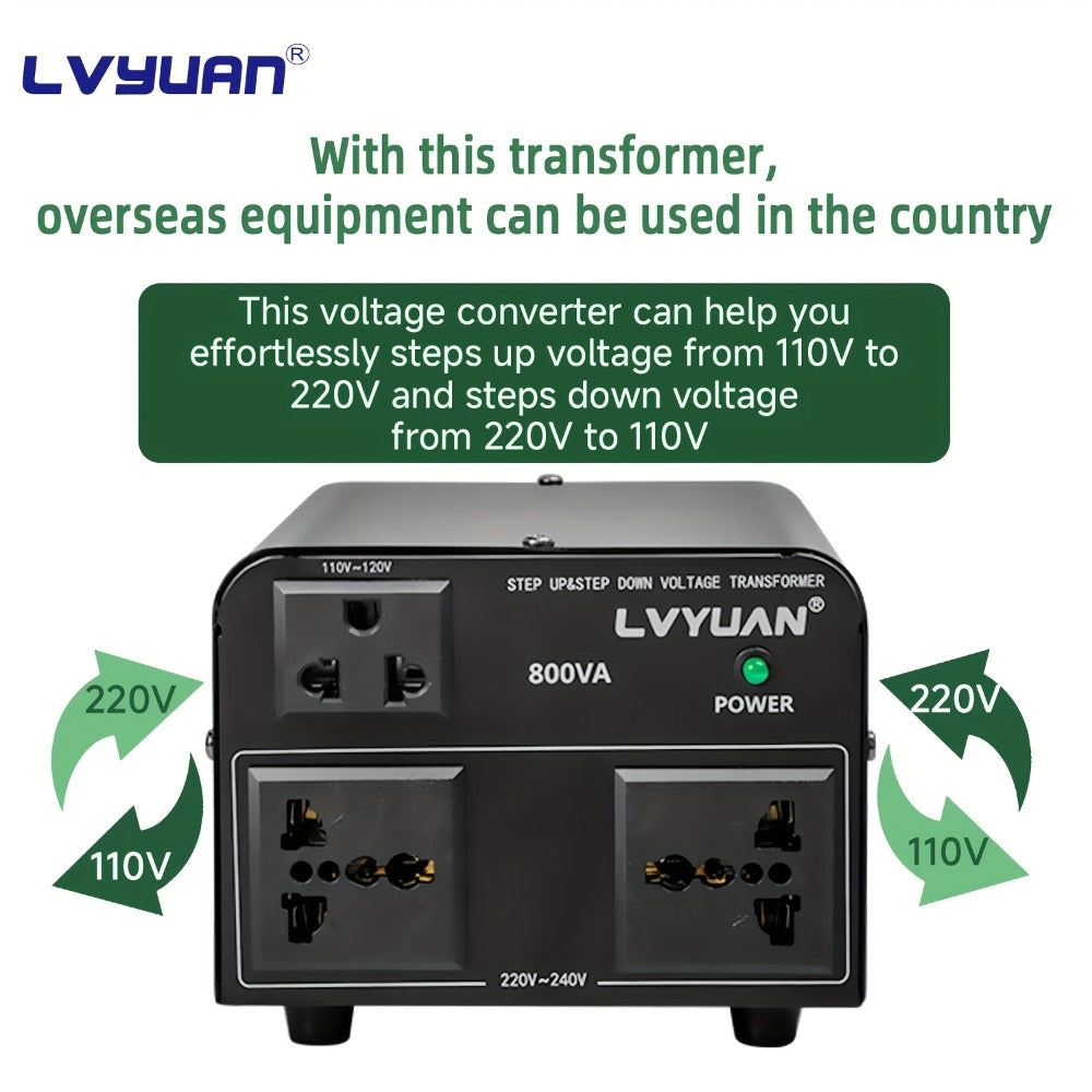 Heavy-Duty Voltage Converter Transformer 800W Continuous 5000W Peak - Step Up Step Down 110V to 220V, Aluminum Alloy Housing, Overload Indicator, Safety Protection, Black & White Options